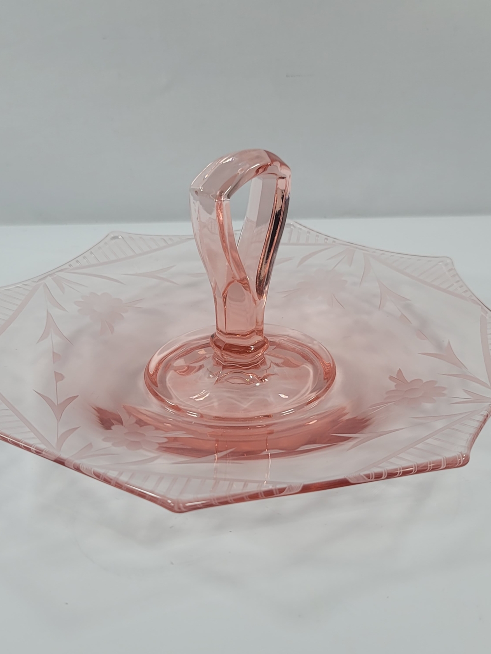 Vintage Pink Depression Glass Serving Platter Floral EtchingWith Handle